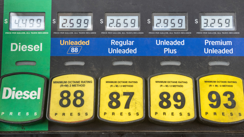 A fuel pump with diesel and 88, 87, 89, and 93 octane gas with pre-2019 fuel prices