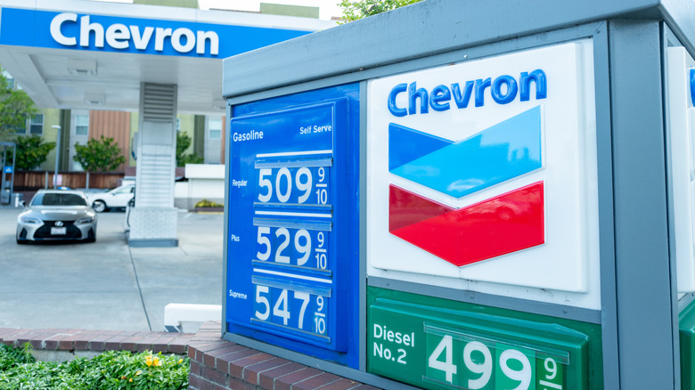 Close-up of Chevron sign at a gas station, showing California gas prices, in Walnut Creek, California, April 8, 2025.