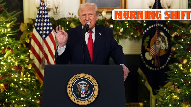 U.S. President Donald Trump addresses the nation from the Diplomatic Room of the White House on December 17, 2025 in Washington, DC.