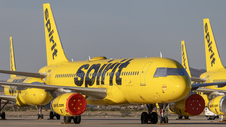Spirit Airlines jets are parked for storage at Southern California Logistics Airport on May 2, 2026 in Victorville, California.
