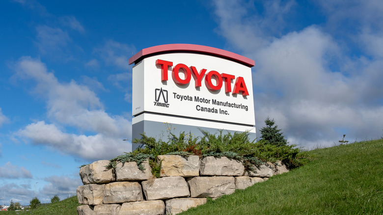 Woodstock, Ontario, Canada - August 30, 2020: A ground sign of Toyota Motor Manufacturing Canada in Woodstock, Ontario, Canada. Toyota Motor Corporation is a Japanese automotive manufacturer.