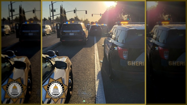 Police surrounding a crashed truck after a chase