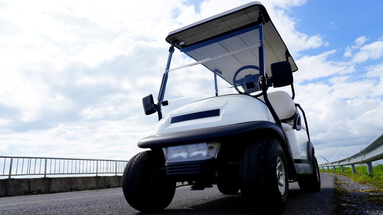 A achromatic play cart parked connected a paved road.
