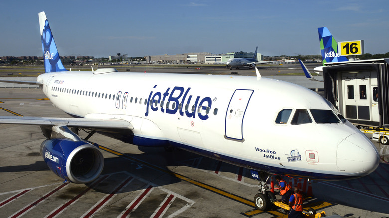 A JetBlue Airways Airbus A320 passenger plane is serviced at a gate at John F. Kennedy International Airport. JFK International Airport is in the borough of Queens in New York City.