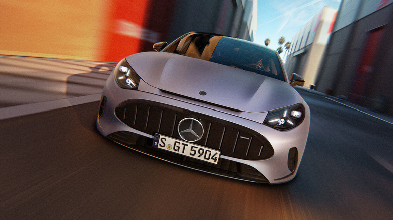 Front end of a silver Mercedes-AMG GT53 4-Door Coupe