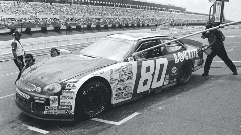 Morgan Shepherd during a pit stop at a NASCAR race at Pocono Raceway in Pennsylvania in 2000.
