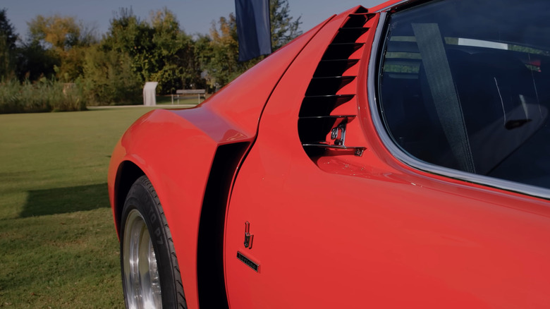 Close-up shot of the custom air intake on Eddie Van Halen's restored 1972 Lamborghini Miura