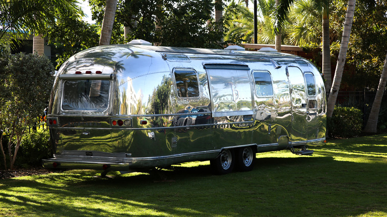 Rear 3/4 view of an Airstream travel trailer parked on grass with palm trees behind it