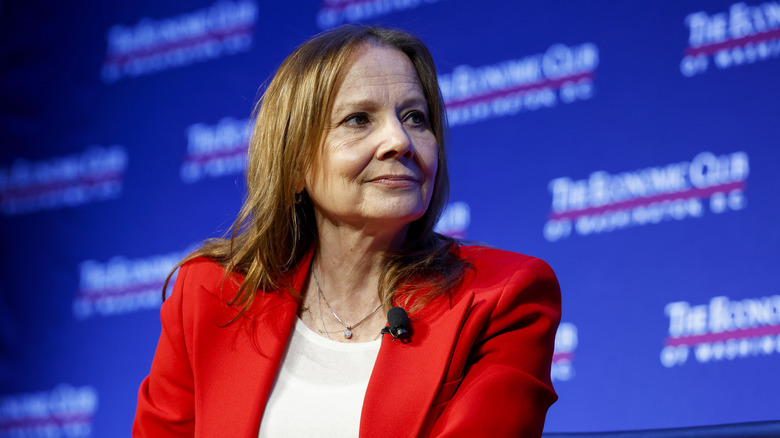 Mary Barra, CEO of General Motors, speaks during an interview with David Rubenstein, the President of The Economic Club at the Ritz Carlton Hotel on December 13, 2023 in Washington, DC.