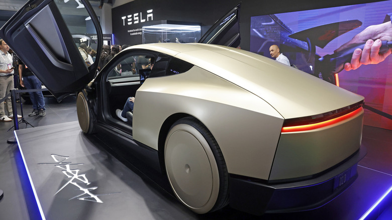 A Tesla Cybercab or Robotaxi two-passenger battery-electric self-driving car is displayed during the 9th edition of the VivaTech show at Parc des Expositions Porte de Versailles on June 12, 2025 in Paris, France.