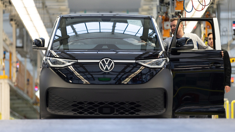 A new VW ID. Buzz electric van prepares to pass final inspection at the Volkswagen commercial vehicles van and bus factory on March 4, 2026 in Hanover, Germany.
