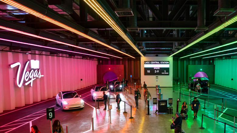 LAS VEGAS, NV - APRIL 14: General views of the Vegas Loop hyperloop, featuring Tesla electric cars at the Las Vegas Convention Center on April 14, 2024 in Las Vegas, Nevada.