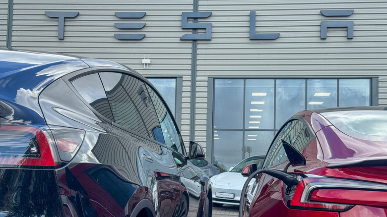 New and used Tesla cars are displayed outside a dealership, on October 1, 2025 in Bristol, England. Helped by government grants fully electric or hybrid vehicles made up more than half of all new car registrations in previous months.