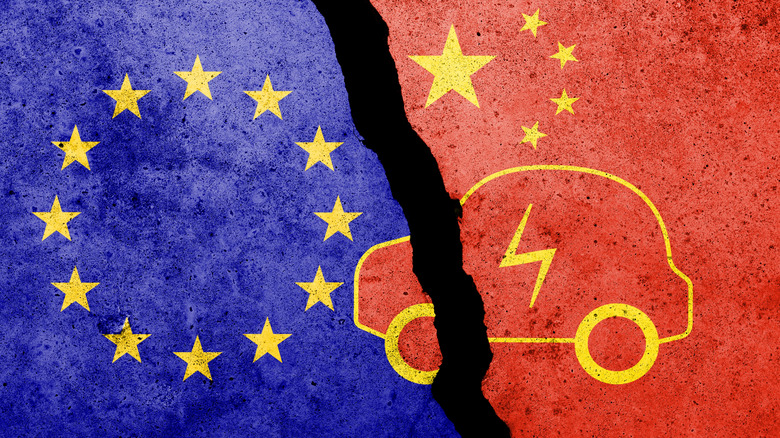 An illustration of the EU flag and the Chinese flag, with an electric vehicle attempting to cross from the Chinese side to the European side