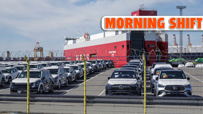 BREMERHAVEN, GERMANY - AUGUST 11: Cars of German car maker Mercedes (R) and other brands stand parked in front of the car carrier ship Danube Highway at the automotive terminal on August 11, 2025 in Bremerhaven, Germany. Following an agreement between the European Union and the administration of U.S. President Donald Trump, a tariff of 15% on most imports from the EU to the US, including automobiles and parts, went into effect on August 7. Some items face no tariffs, while steel and aluminum are tagged with a 50% tariff. (Photo by Focke Strangmann/Getty Images)