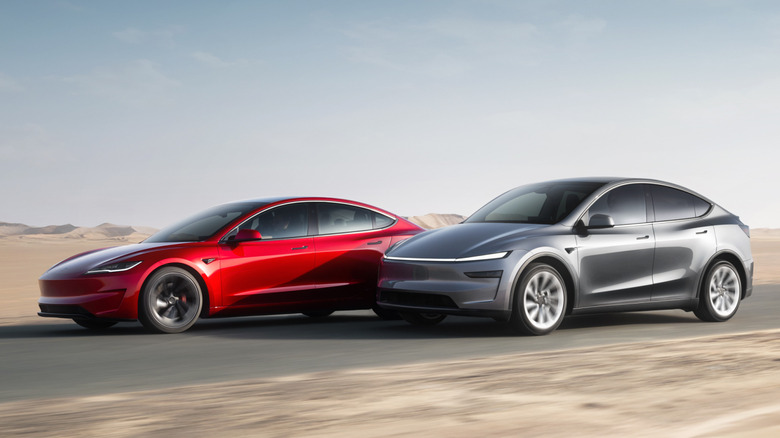 A front three quarters shot of a red Model 3 driving next to a gray Model Y on a rural road past sand and dunes