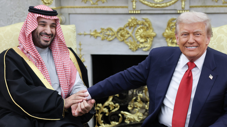 President Donald Trump (R) meets with Crown Prince and Prime Minister Mohammed bin Salman of Saudi Arabia during a bilateral meeting in the Oval Office of the White House on November 18, 2025 in Washington, DC.