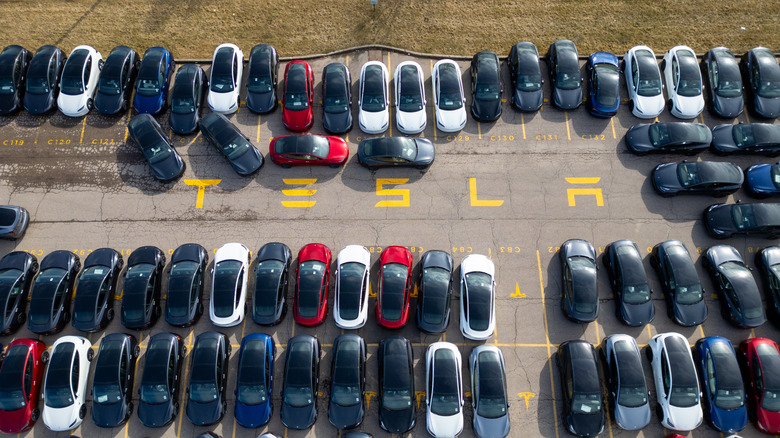 HAMILTON, CANADA - MARCH 20: An aerial view of Tesla vehicles sitting in a parking lot on March 20, 2025 in Hamilton, Canada. 80 Teslas were damaged at the Hamilton dealership, making it the largest car vandalism reported in Canada against the U.S. company.