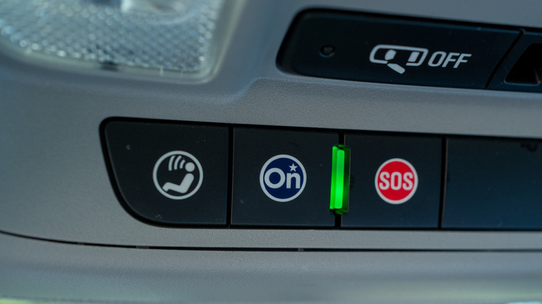 Close up of OnStar and SOS buttons on a Chevrolet vehicle, Lafayette, California, May 3, 2024. (Photo by Smith Collection/Gado/Getty Images)