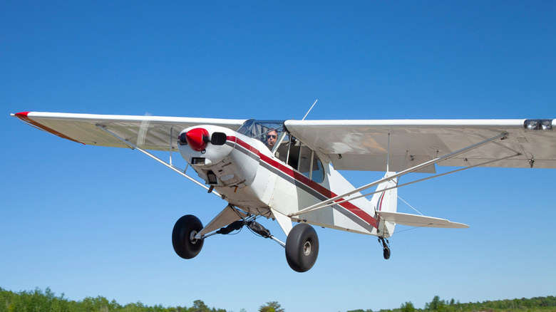 A white single-engine prop plane with blue and red stripes flies through the air.