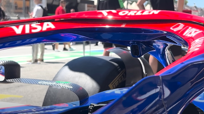 A tight shot of the upper halo, showing the housing area of the slow motion camera location on a Formula 1 car.