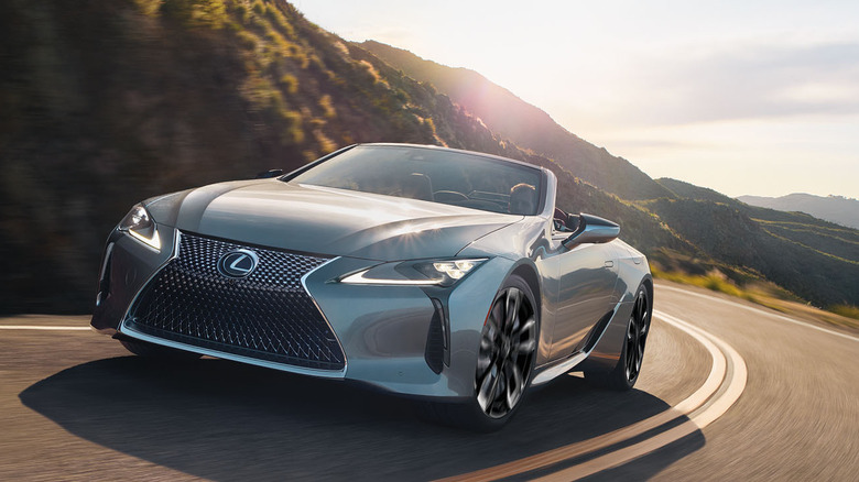 2025 Lexus LC 500 front 3/4 view while cornering at speed