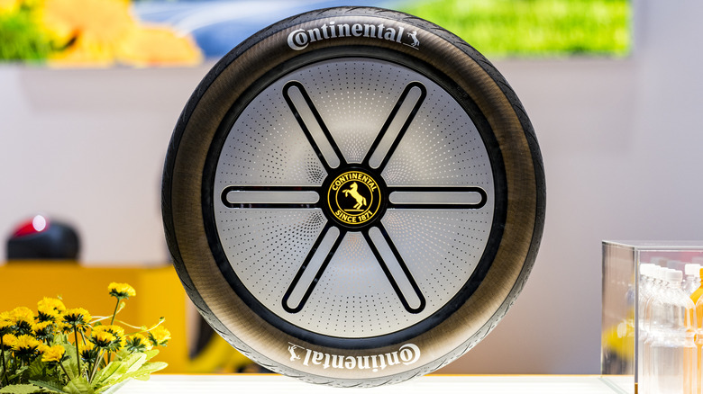 The Continental logo on a tire during a corporate event