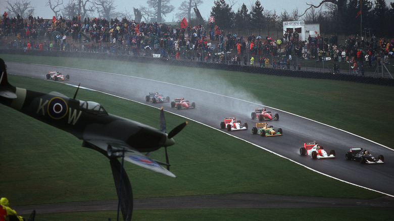 The grid exits turn three at the 1993 European Grand Prix at Donington Park.