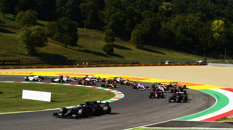 Valtteri Bottas leads the field in his Mercedes at the 2020 Tuscan Grand Prix held at Mugello Circuit.