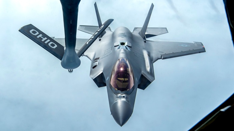 An F-35A on approach for an in-flight refueling
