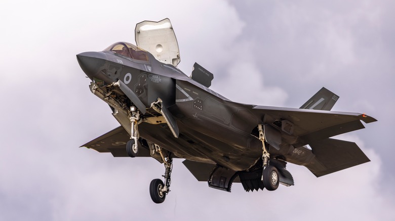 A Royal Air Force F-35B on approach for a vertical landing.
