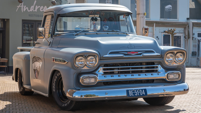Front-quarter shot of a gray Chevrolet Apache 3100 pickup truck