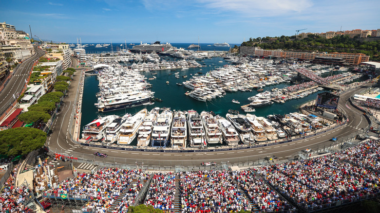 An aerial view of the race and Monaco harbour during the F1 Grand Prix of Monaco at Circuit de Monaco on June 7, 2026 in Monte-Carlo, Monaco.
