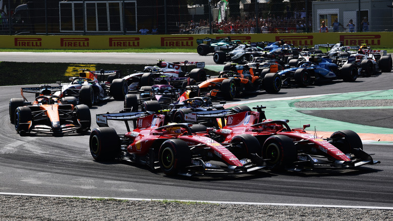Charles Leclerc of Monaco driving the (16) Scuderia Ferrari SF-26 and Lewis Hamilton of Great Britain driving the (44) Scuderia Ferrari SF-26 battle for track position at the start during the F1 Grand Prix of Italy at Autodromo Nazionale Monza on September 06, 2026 in Monza, Italy.