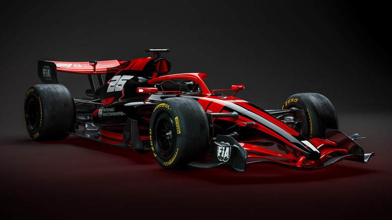 A rendering of an example F1 car built to the 2026 technical regulations