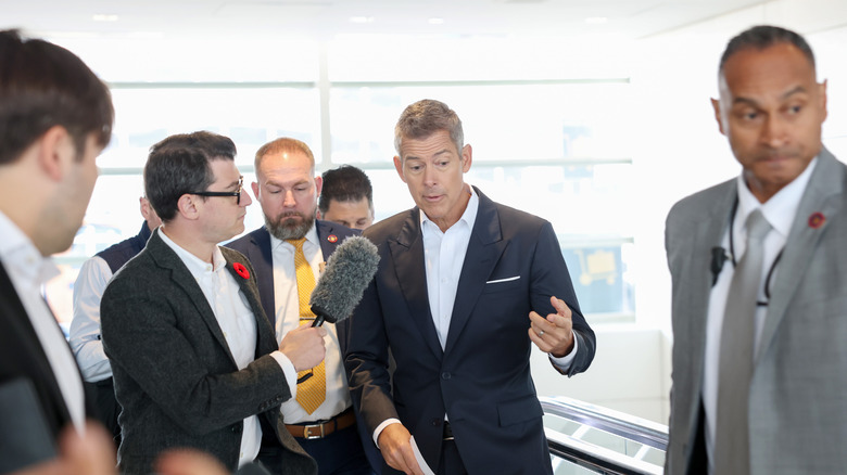 U.S. Transportation Secretary Sean Duffy speaks to reporters during a visit at the Ronald Reagan Washington National Airport on November 07, 2025 in Arlington, Virginia.