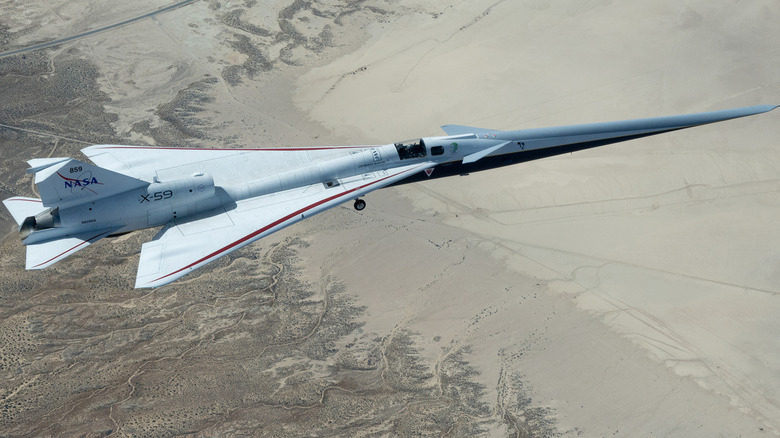 NASA's X-59 experimental plane flies over the California desert