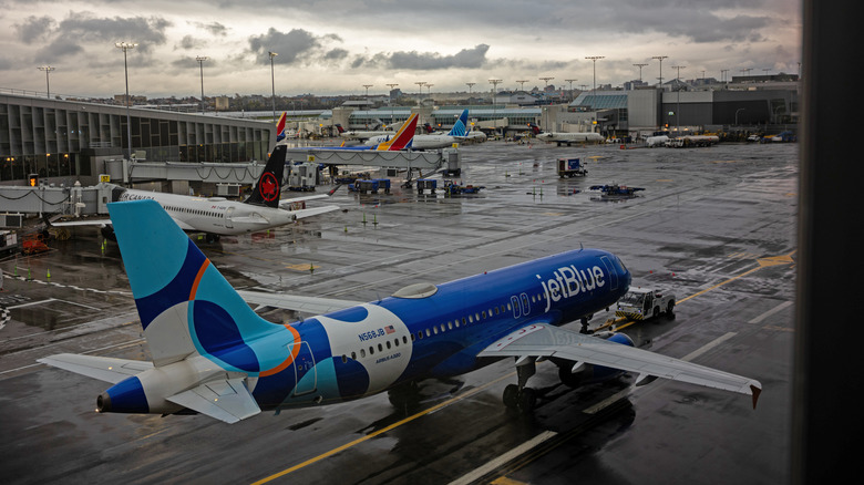 Planes line up on the tarmac at LaGuardia Airport on November 10, 2025 in New York City.