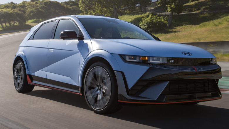 A light blue 2026 Hyundai Ioniq 5 N cornering on a track
