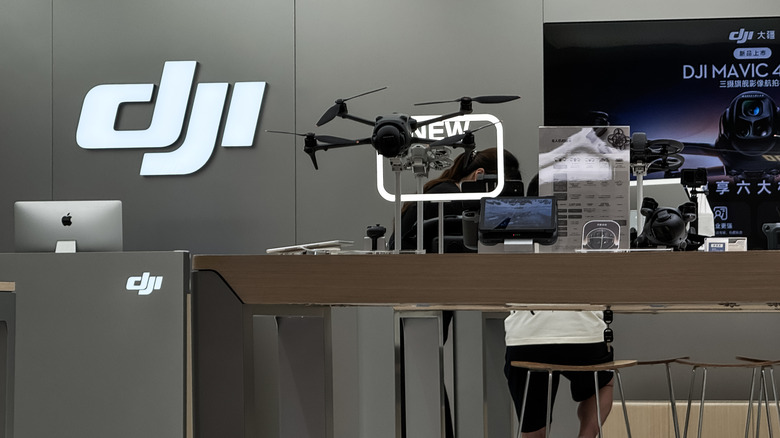 Drones on display at a DJI store
