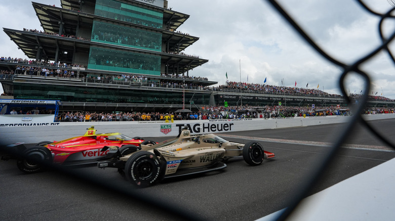The finish of the 2026 Indianapolis 500 with Felix Rosenqvist crossing the finish line