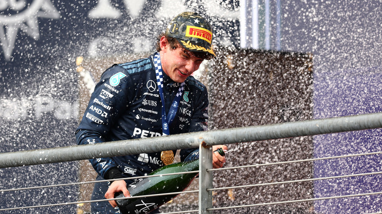 Race winner Andrea Kimi Antonelli of Italy and the Mercedes AMG Petronas F1 Team celebrates on the podium with Champagne during the F1 Grand Prix of United States on October 25, 2026.