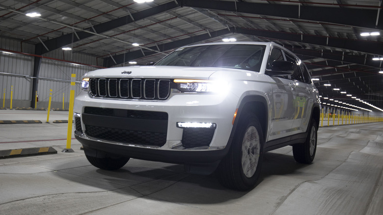 A 2021 Jeep Grand Cherokee drives on the BSR (Buzz, Squeak and Rattle) indoor test track at the Stellantis Detroit Assembly Complex-Mack on June 10, 2021 in Detroit, Michigan.
