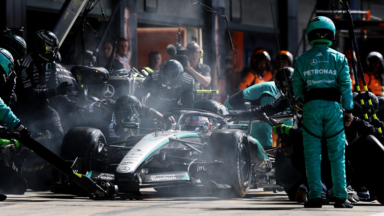 Andrea Kimi Antonelli of Italy driving the (12) Mercedes AMG Petronas F1 Team W17 makes a pitstop during the F1 Grand Prix of Great Britain at Silverstone Circuit on July 05, 2026 in Northampton, England.
