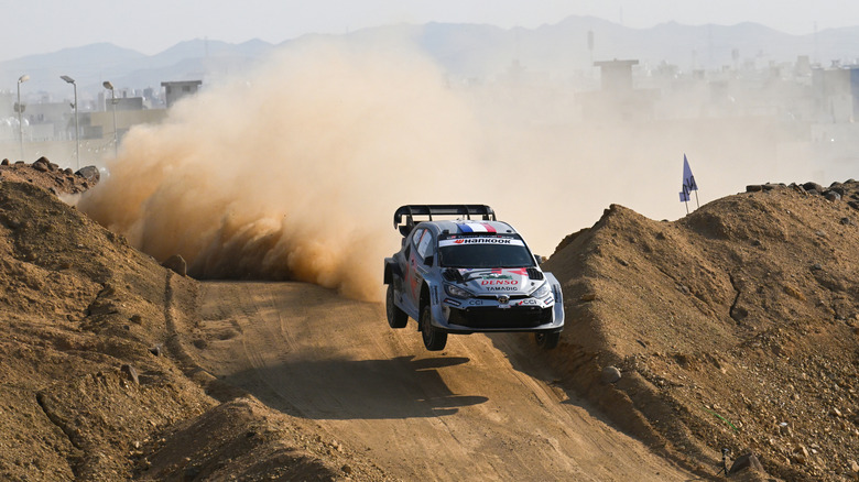 Sebastien Ogier and Vincent Landais compete with their Toyota Gazoo Racing WRT Toyota GR Yaris at WRC Rally Saudi Arabia