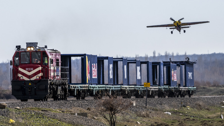 Dario Costa performs first landing and taking off from a moving cargo train in Afyonkarahisar, Turkey on February 15, 2026.