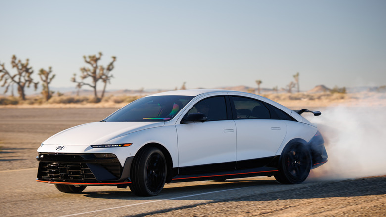 Hyundai Ioniq 6 N drifting on a racetrack in the desert
