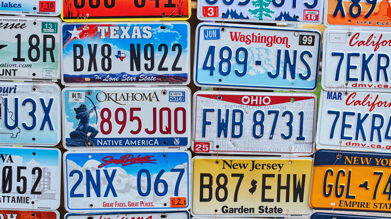 Wall of American license plates