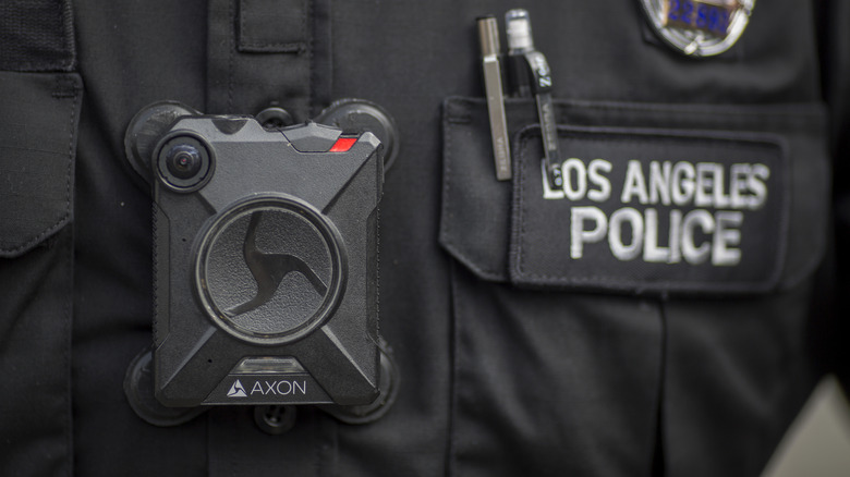 Close-up of an Axon body camera worn by a Los Angeles police officer