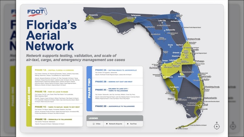 FDOT's mapping of Florida's Aerial Network rollout divided into phases distinctly represented by green for Phase One and blue for Phase Two.